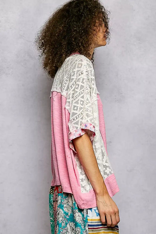 POL Floral Patchwork Lace Accent Blouse - Sleekdenim.com