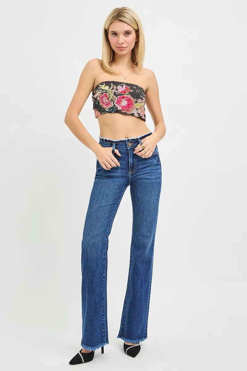 RISEN Mid Rise Bootcut Frayed Waistband Hem Detail Jeans PB21475