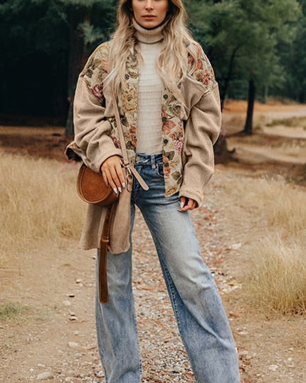 Floral Waffle Knit Patchwork Chest Pocket Buttoned - Sleekdenim.com