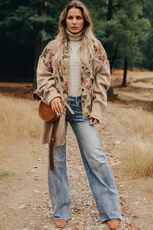 Floral Waffle Knit Patchwork Chest Pocket Buttoned - Sleekdenim.com