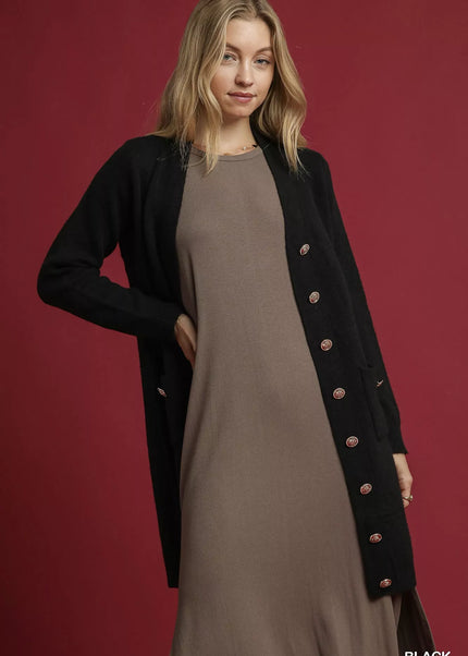 Umgee Button-Down Longline Sweater Cardigan with Front Pockets - Sleekdenim.com