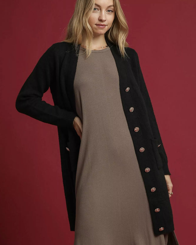 Umgee Button-Down Longline Sweater Cardigan with Front Pockets - Sleekdenim.com