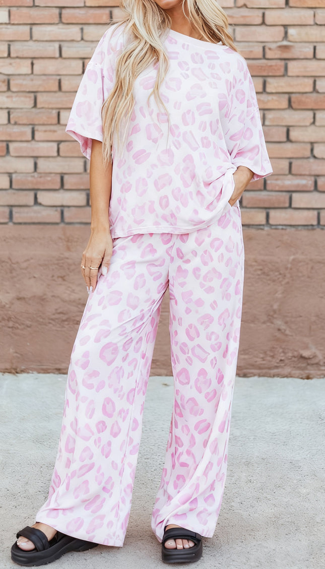 Pink Leopard Two Piece Top and Pants Set - Sleekdenim.com