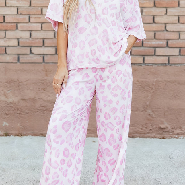 Pink Leopard Two Piece Top and Pants Set - Sleekdenim.com