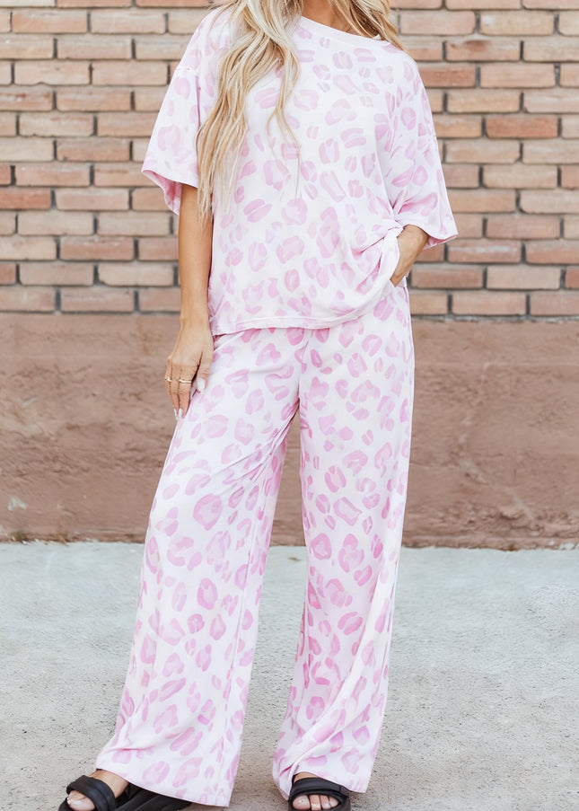 Pink Leopard Two Piece Top and Pants Set - Sleekdenim.com