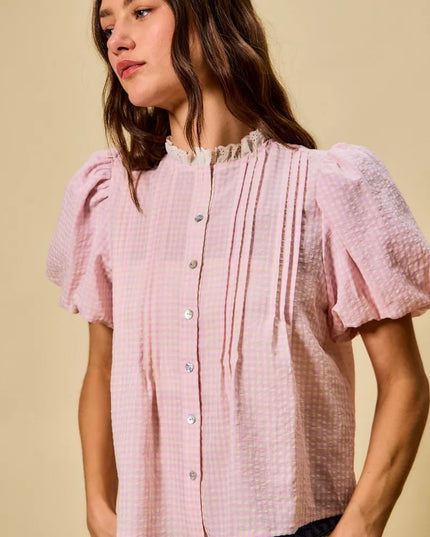 SO ME Gingham Lace Trim Button Bubble Sleeves Blouse - Sleekdenim.com