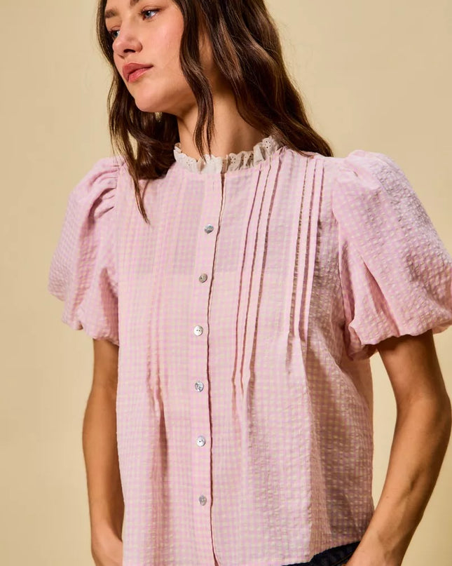 SO ME Gingham Lace Trim Button Bubble Sleeves Blouse - Sleekdenim.com