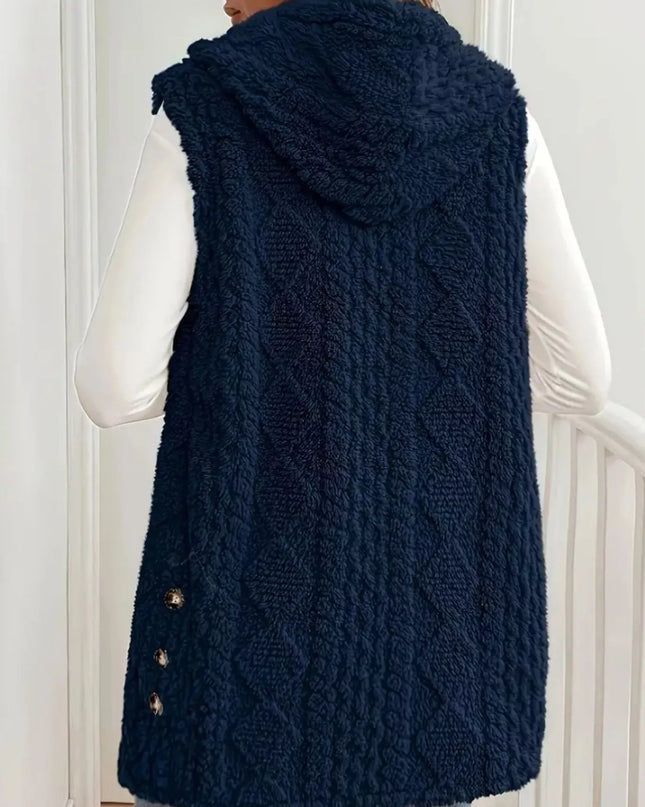 Hooded Button-Up Sherpa Vest Coat - Sleekdenim.com