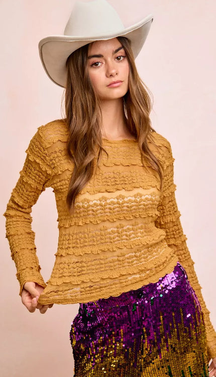 BiBi Ruffles Detail Mardi Gras Color Flower Lace Top - 9