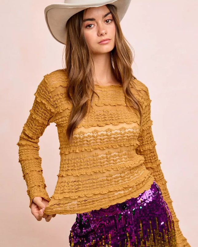 BiBi Ruffles Detail Mardi Gras Color Flower Lace Top - Sleekdenim.com