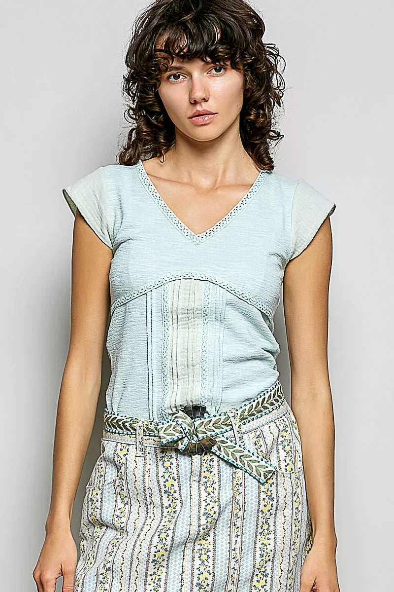 POL V-Neck Lightweight Textured Short Sleeve Knit Top with Lace Trim - Image 2