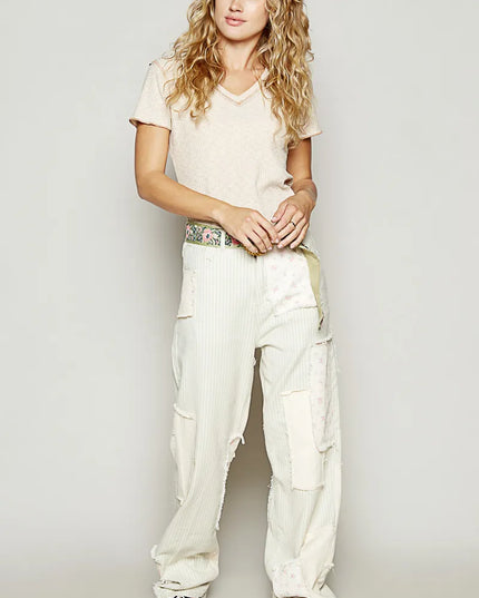 POL V-Neck Short Sleeve Ribbed T-Shirt with Contrast Overlock Stitching - Sleekdenim.com