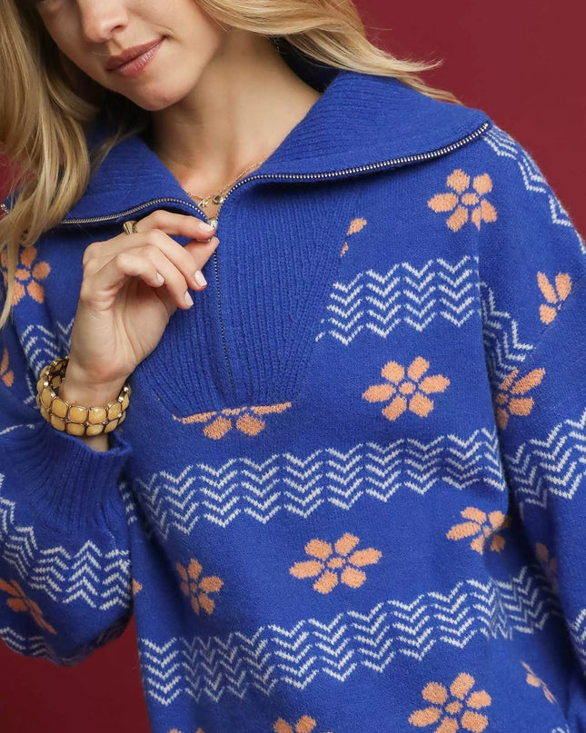 Umgee Floral Patterned Jacquard Quarter-Zip Pullover Sweater - Sleekdenim.com