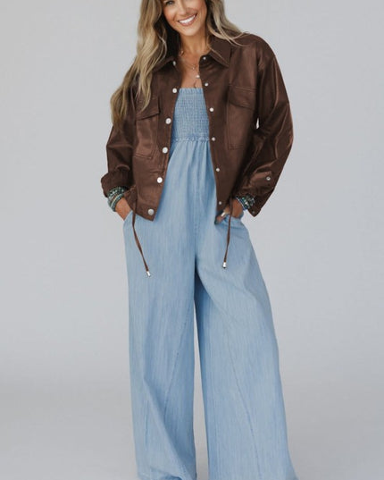 Leather Drawstring Hem Pocketed Jacket - Sleekdenim.com