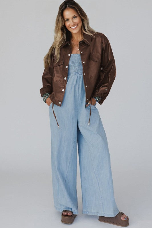 Leather Drawstring Hem Pocketed Jacket - Sleekdenim.com