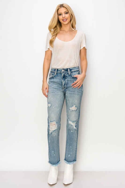 AT1050STM High Rise Distressed Straight Jeans - Sleekdenim.com