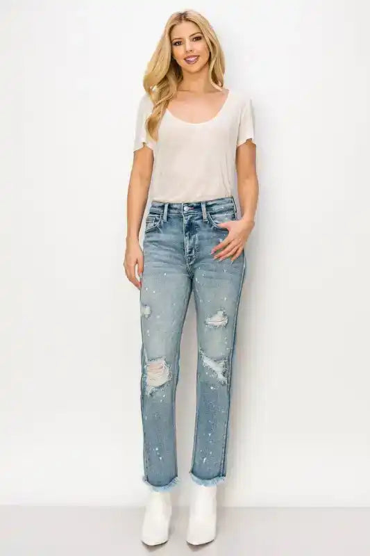 Artemis Vintage AT1050STM High Rise Distressed Straight Jeans - Sleekdenim.com