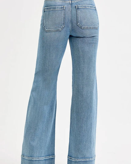 RISEN Full Size High Rise Wide Flare Patch Pocket Jeans Plus Size - Sleekdenim.com