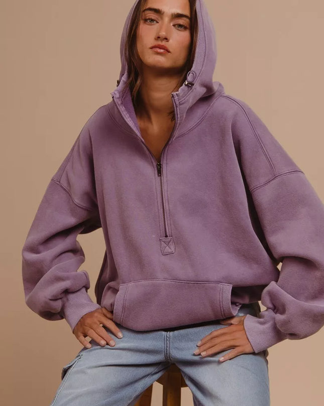 BiBi Stitch Detailed Elastic Hem Half Zip Fleece Hoodie - Sleekdenim.com