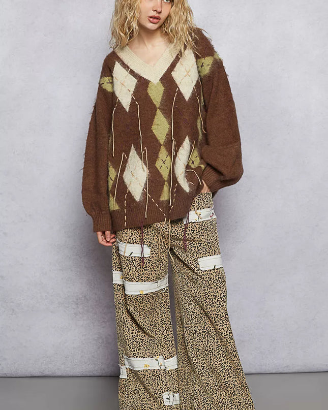 POL V-Neck Argyle Pattern Mohair Sweater with Contrast Exposed Stitch Detail - Sleekdenim.com