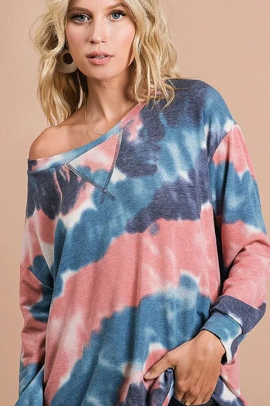 BiBi Tie Dye French Terry Pull Over with Front Stitching Detail - Sleekdenim.com