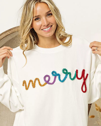 BiBi Merry Tinsel Lettering Drop Shoulder Sweatshirt - Sleekdenim.com