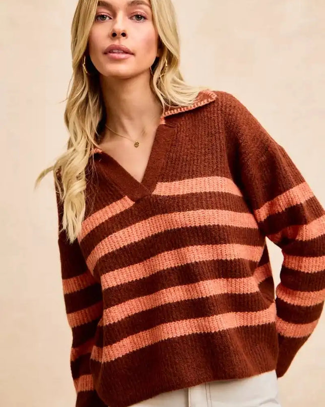 BiBi Striped Sweater Top with Collar Stitched Details - Sleekdenim.com