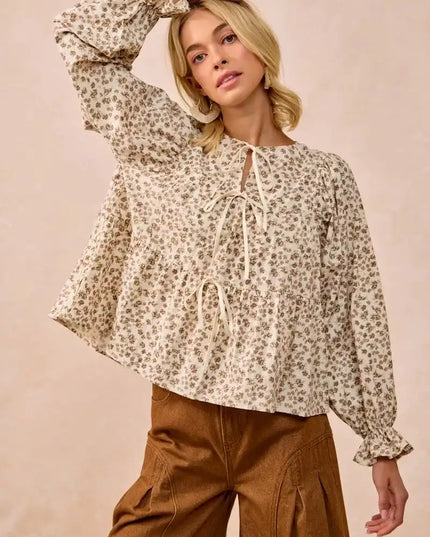 BiBi Floral Printed Peplum Blouse with Shirring and Tied - Sleekdenim.com