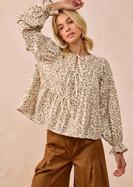 BiBi Floral Printed Peplum Blouse with Shirring and Tied - Sleekdenim.com