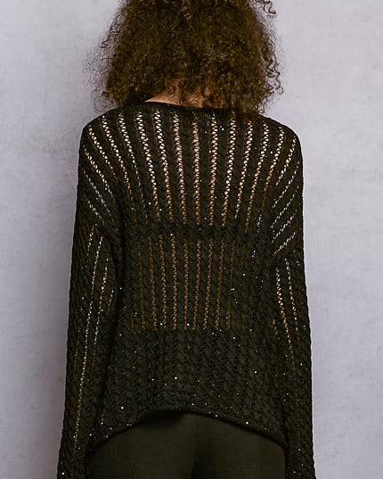 POL Openwork Round Neck Knit Top with Shiny Detail - Sleekdenim.com