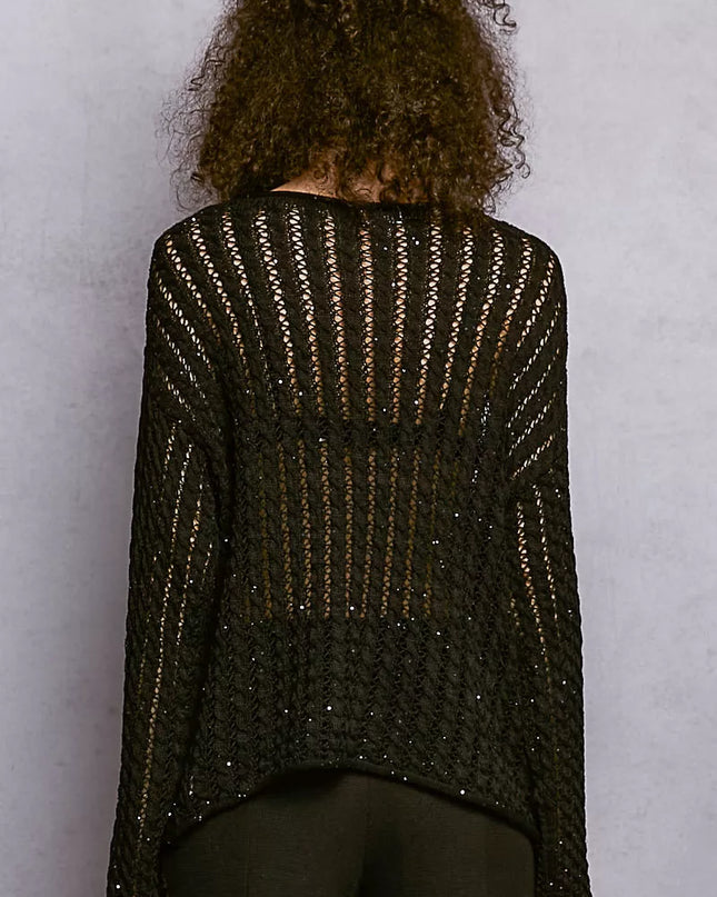 POL Openwork Round Neck Knit Top with Shiny Detail - Sleekdenim.com