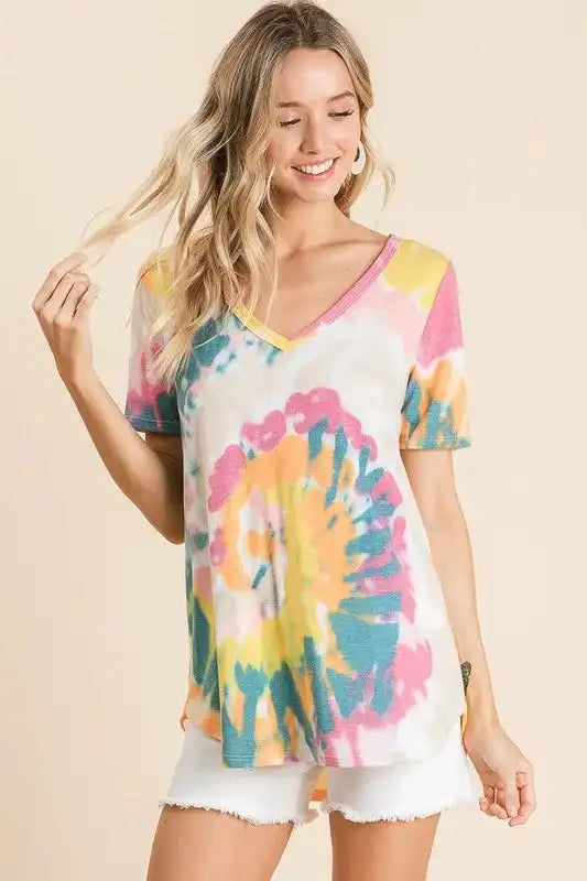 BiBi Circular Tie Dye Print V Neck Top - Sleekdenim.com