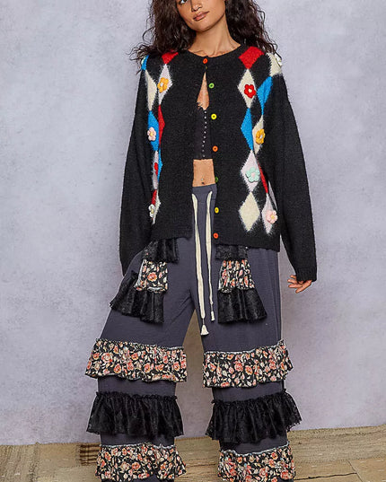 POL Button Down Diamond Pattern Round Neck Cardigan - Sleekdenim.com