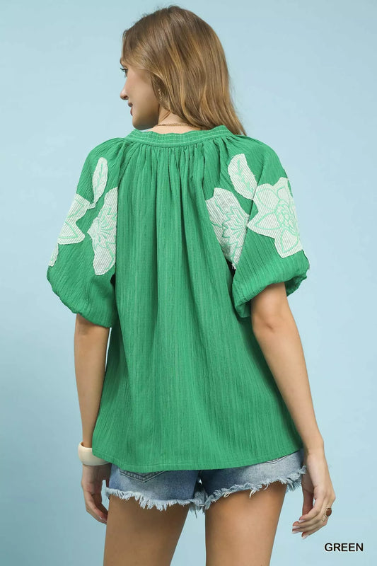 Umgee Embroidered Balloon Sleeve Notch Neck Blouse - 3