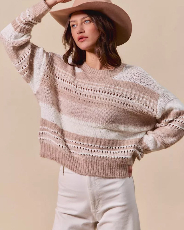 SO ME Variegated Stripe Textured Loose Fit Sweater - Sleekdenim.com