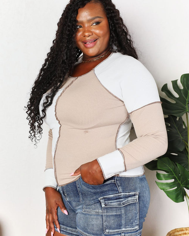 Double Take Color Block Exposed Seam Top - Sleekdenim.com