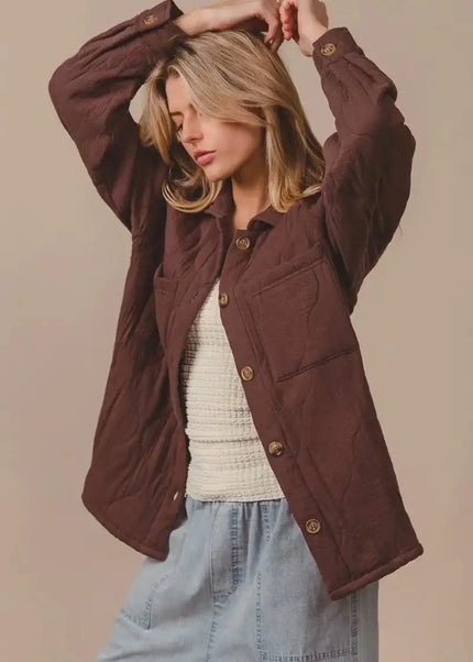 BiBi Quilted Wrinkle Gauze Long Sleeve Shacket - Sleekdenim.com