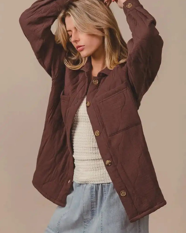 BiBi Quilted Wrinkle Gauze Long Sleeve Shacket - Sleekdenim.com