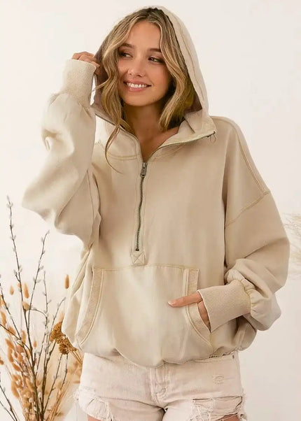 BiBi Stitch Detailed Elastic Hem Half Zip Fleece Hoodie - Sleekdenim.com