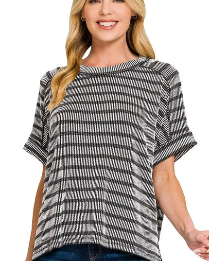 Zenana Raised Rib Striped Exposed Seam Top - Sleekdenim.com