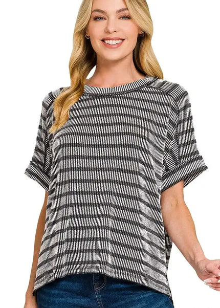 Zenana Raised Rib Striped Exposed Seam Top - Sleekdenim.com