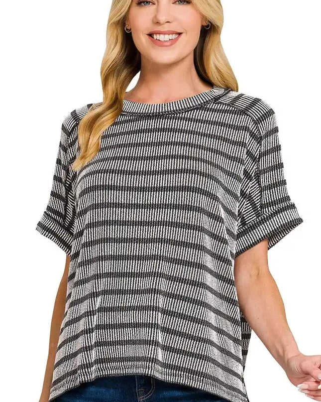 Zenana Raised Rib Striped Exposed Seam Top - Sleekdenim.com