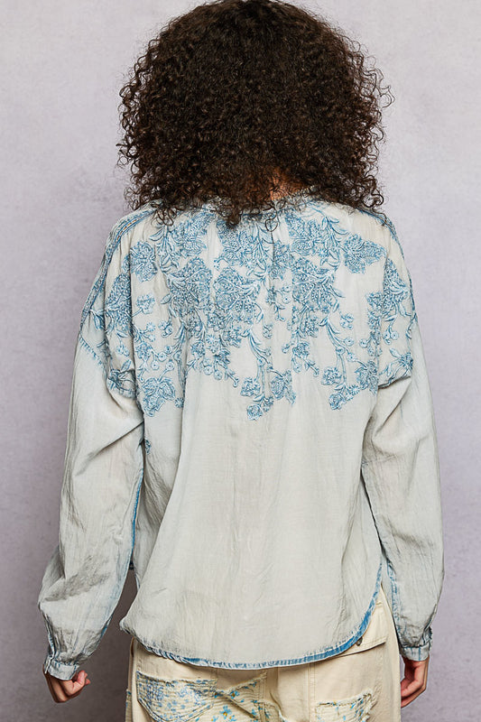 POL Floral Embroidered Button Down Long Sleeve Shirt - Sleekdenim.com
