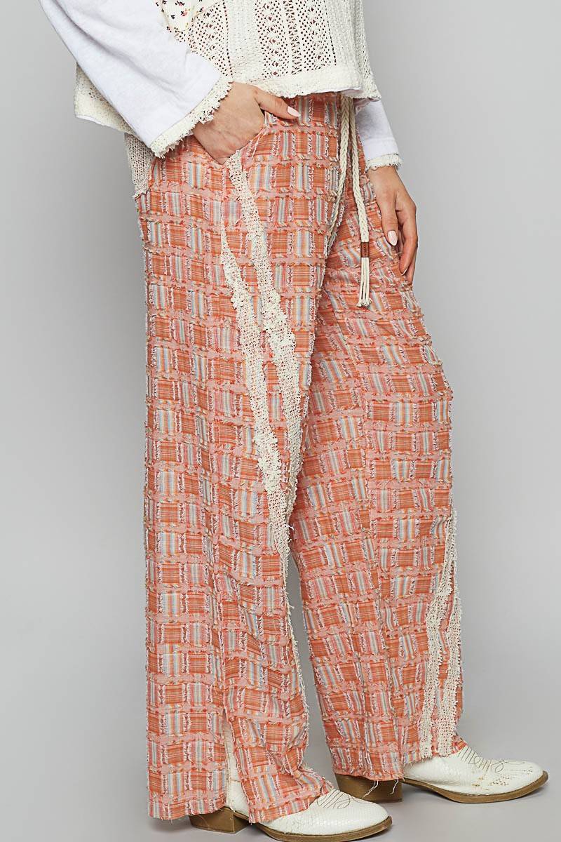 POL Lace Trim Drawstring Checkered Wide Leg Pants | Sleekdenim.com