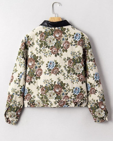 Floral Zip-Up Contrast Collared Jacket - Sleekdenim.com