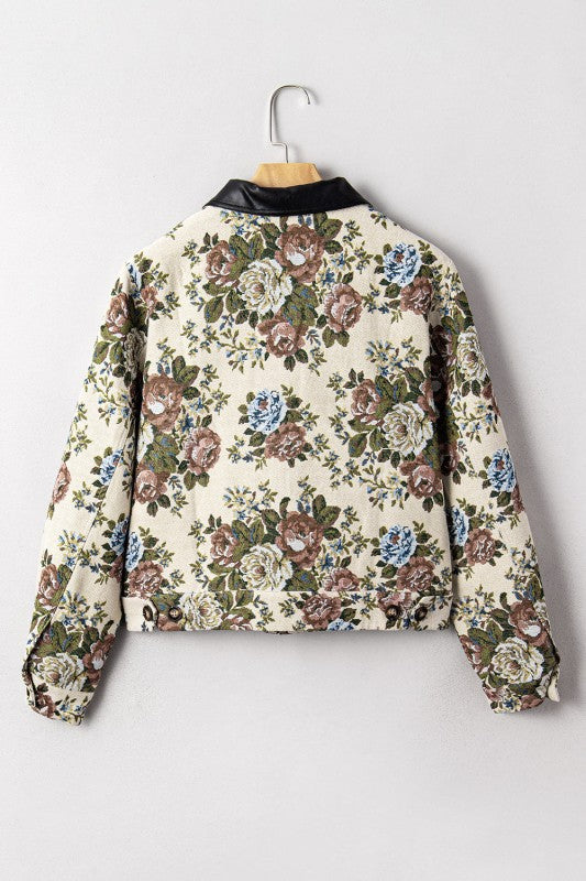 Floral Zip-Up Contrast Collared Jacket - Sleekdenim.com