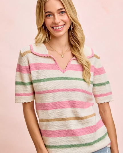 BiBi Multi Colors Stripes Collared Knit Top - Sleekdenim.com