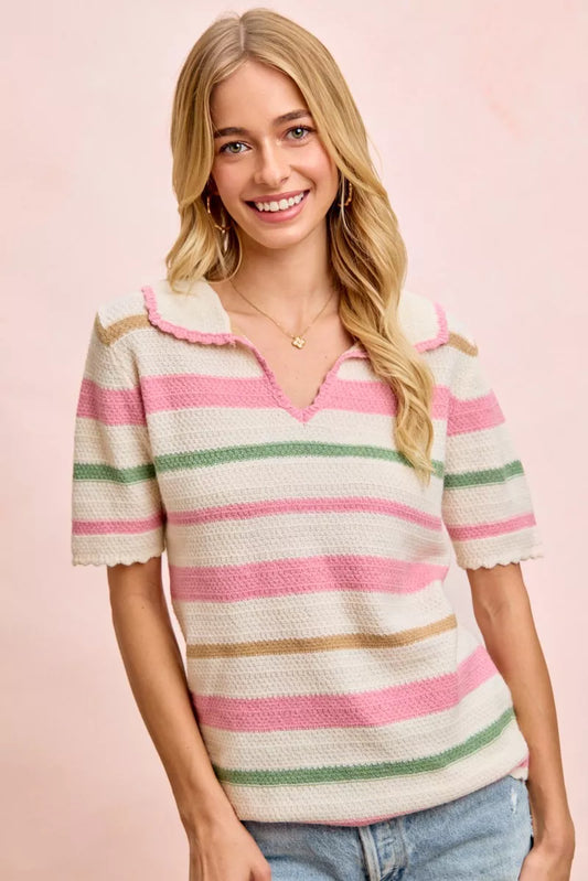 BiBi Multi Colors Stripes Collared Knit Top - Sleekdenim.com