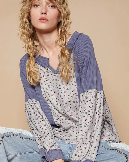 POL Waffle Knit Floral Notched Long Sleeve Top - Sleekdenim.com