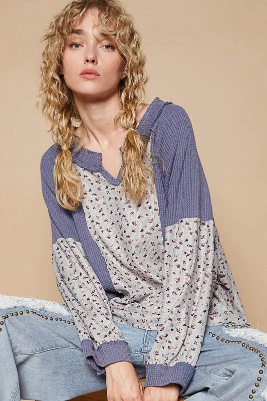POL Waffle Knit Floral Notched Long Sleeve Top - Sleekdenim.com